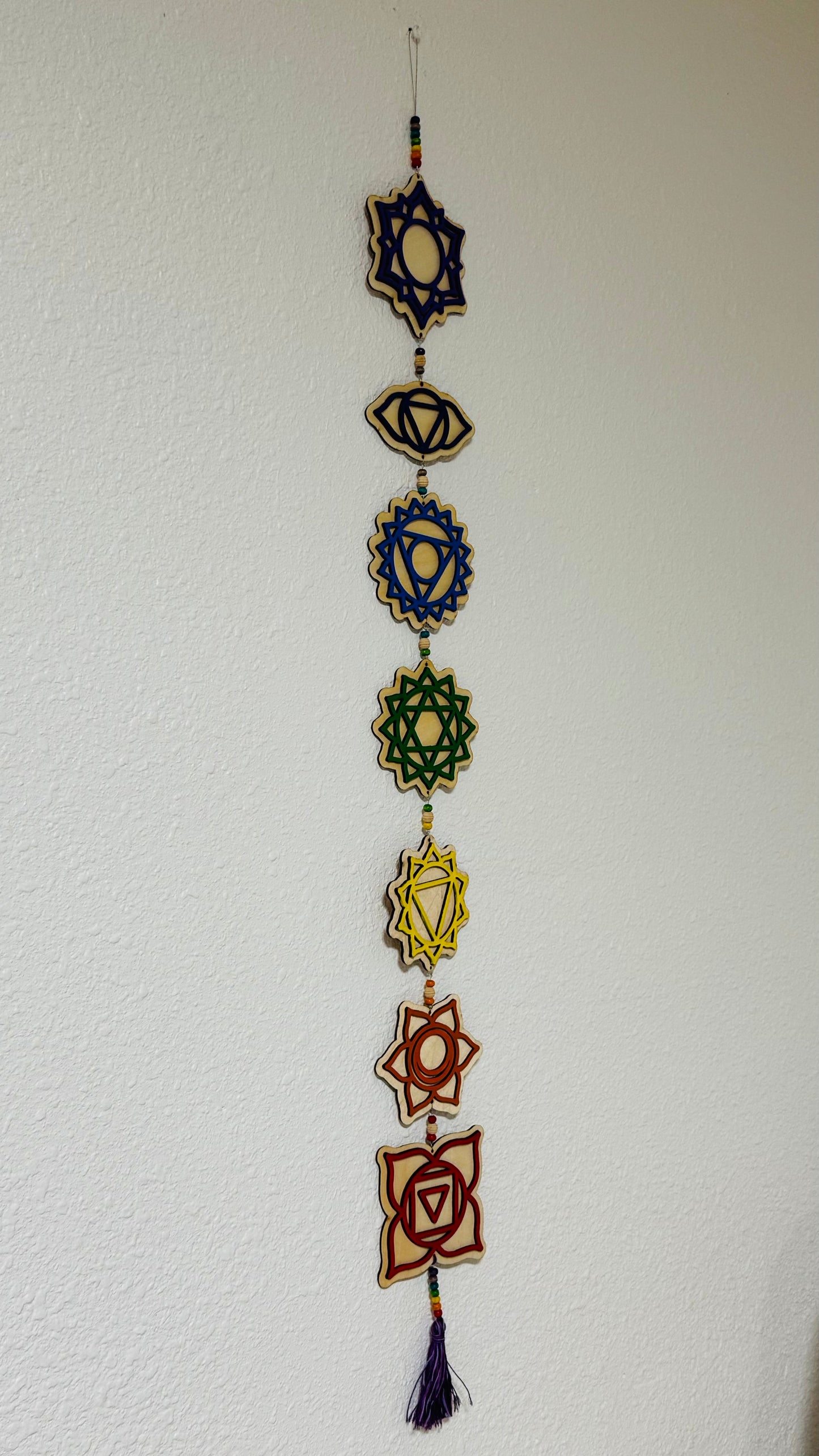7 Chakra Wall Hanging Natural Wood Color Background