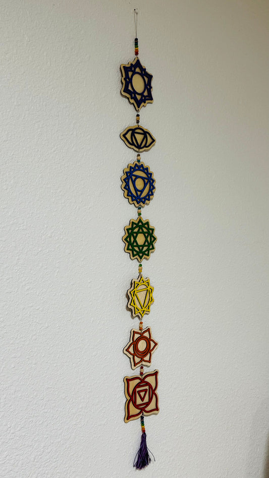 7 Chakra Wall Hanging Natural Wood Color Background